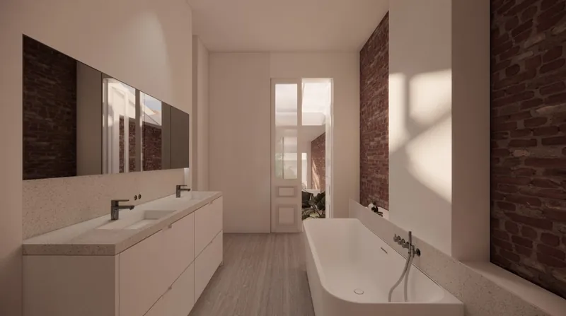 Visualisatie van een badkamer met dubbele wastafel en vrijstaand bad