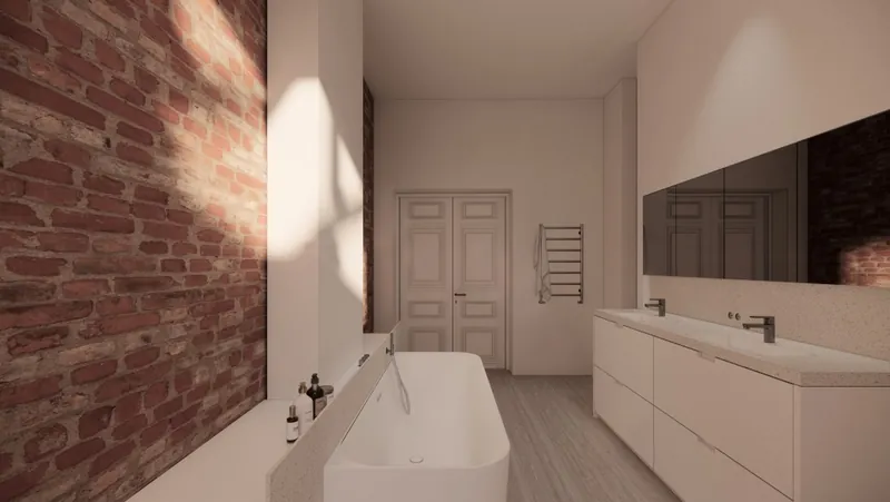 Visualisatie van een badkamer met vrijstaand bad tegen een bakstenen muur