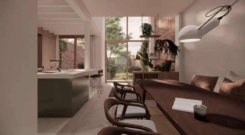 Visualisatie van een keuken met eiland en eethoek tegen een muur in zichtbaar metselwerk