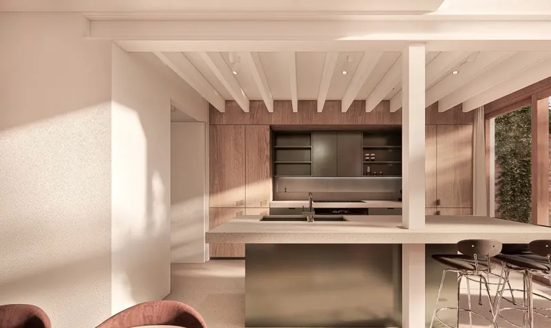 Visualisatie van een keuken onder een zichtbaar houten balkenplafond