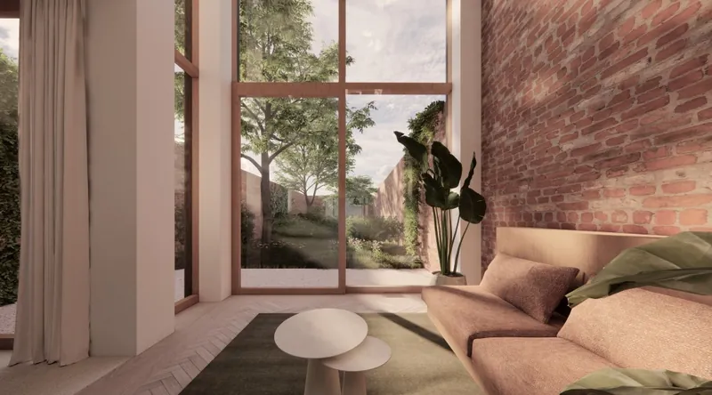 Visualisatie van een zithoek bij een grote raampartij met zicht op de tuin