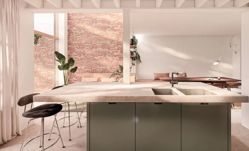 Visualisatie van een keukeneiland voor een muur in zichtbaar metselwerk